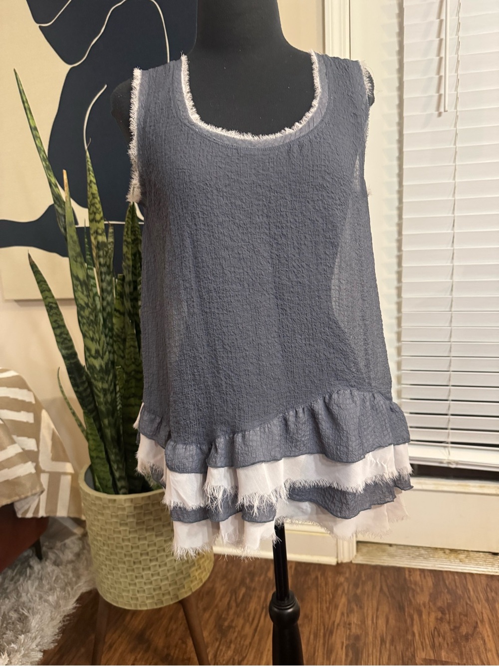 Kensie Gray Tank with White Frayed Ruffle Hem
